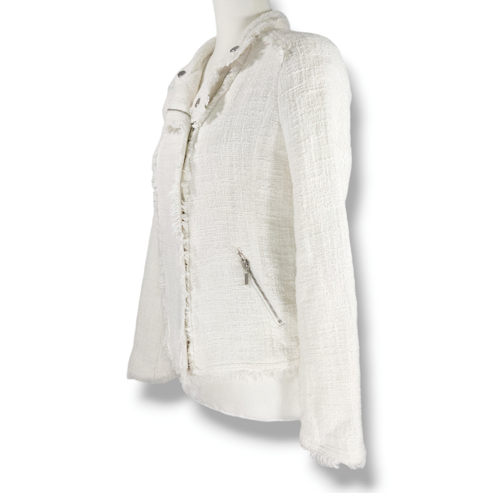 EUC Carolina Belle Montreal‎ Edgy Tweed Frayed Trim Moto Jacket Sz. M White